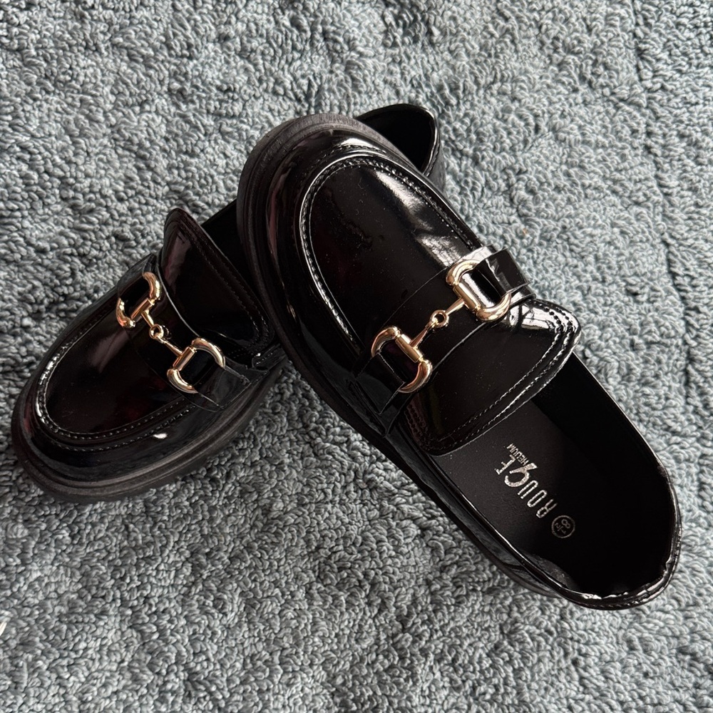 Rouge Helium Black Patent Loafers with Gold Hardware